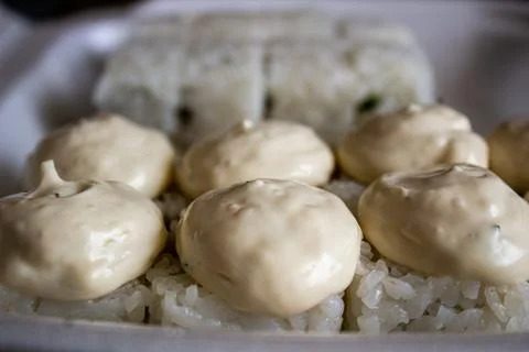 Different sushi in a take-away package. Japanese food Stock Photos