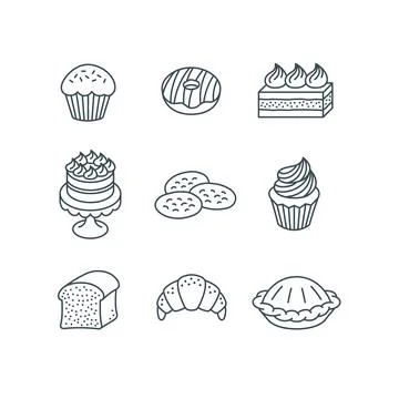 Different sweet pastry items simple linear icons Stock Illustration