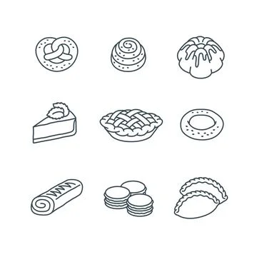 Different sweet pastry items simple linear icons 스톡 일러스트