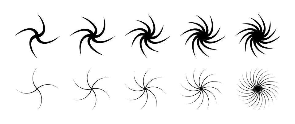 Different swirl element set. Black twirling and rotating effect collection Stock Illustration