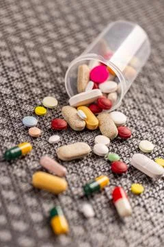 Different tablets pills capsule Stock Photos