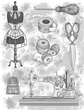 Different Tailoring Tools Vintage Sewing Machine Corset Scissors Tape Measure イラスト素材