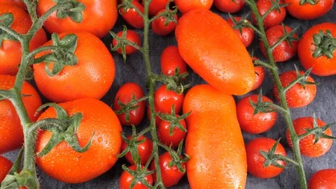 Different tasty ripe tomatoes rotating, (loopable) on a grey stone. Video stock 113652282