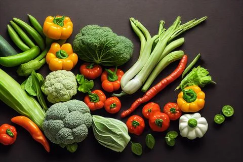 Different tasty vegetables on black rough background. Top view. Stock Illustration