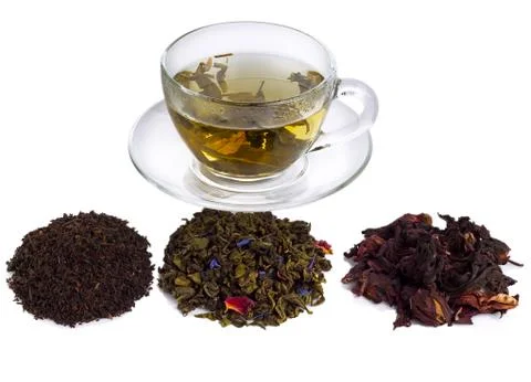 Different tea with a transparent cup on the background Stock Photos