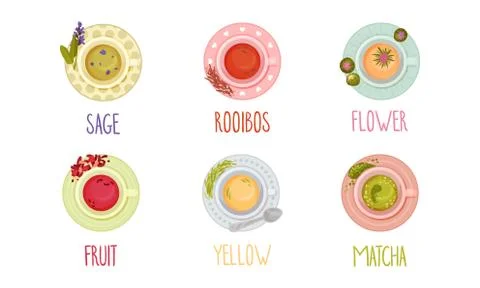 Different Tea Types Poured in Cups and Standing on Saucer Vector Set Illustrazione stock