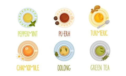 Different Tea Types Poured in Cups and Standing on Saucer Vector Set Illustrazione stock