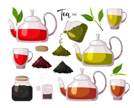 Different teas collection, Green, black, red tea. Glass cups and teapots with Stock Illustration