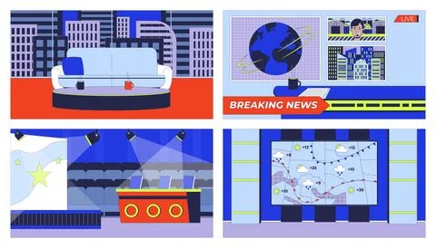 Different television studio setup cartoon flat illustrations set Stock Illustration