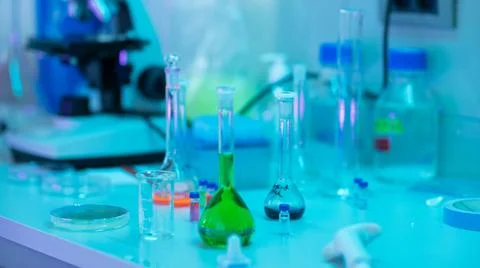 Different Test Tubes and Flasks Placed on the Table Stock Photos