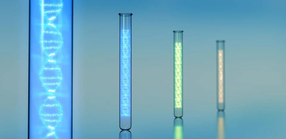 Different test tubes each filled with a different colored DNA helix Stock Illustration