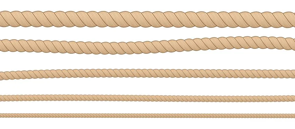 Different thickness horizontal brown ropes isolated on white background. Stock Illustration