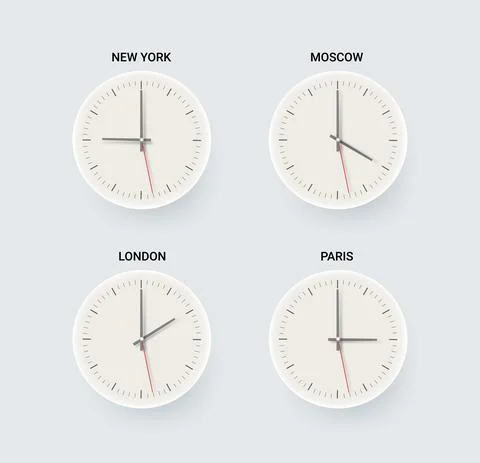 Different time in world cities. 3d vector clipart isolated on white Stock Illustration