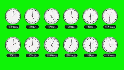 Different Time Zones Clocks on a Green Screen in Time Lapse Stock Footage 84871493