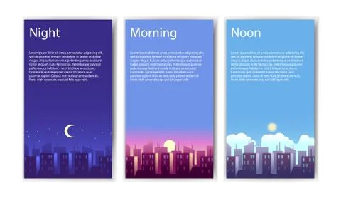 Different times of day. Collection of vertical banners morning, noon and night Illustrazione stock