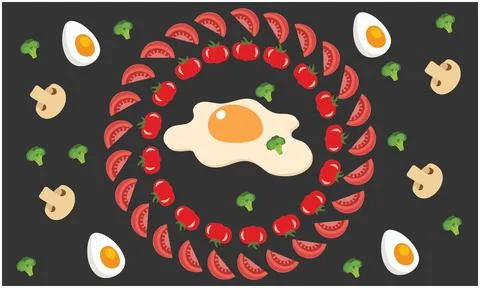 Different tomato and egg dish with mushroom and other green vegetable on bl.. Stock Illustration
