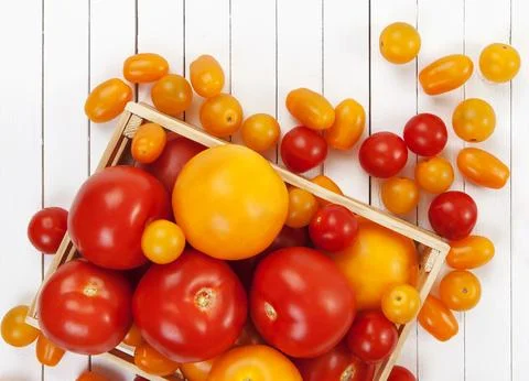 Different tomatoes on white table. Top view Stock Photos