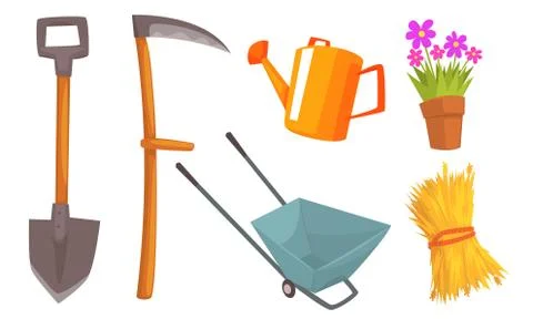 Different tools for a farm and a flower in a pot. Vector illustration. Illustration