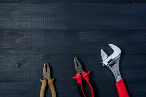 Different tools on wooden background Stock Photos