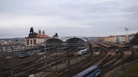 Different trains departure and arrival on central train station in Prague Stock Footage 84978655
