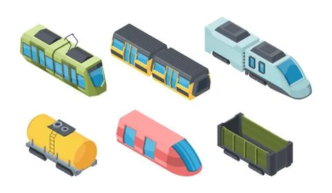 Different trains isometric 3D vector illustrations set Stock Illustration