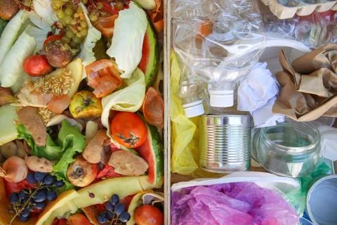 Different trash. Garbage sorting: iron, paper, plastic, domestic waste for co Stock Photos