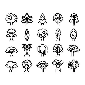 Different tree types line icons collection ecology Stock Illustration