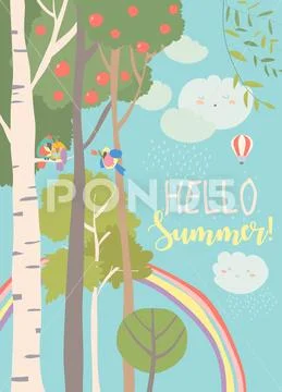 Different trees in summer forest with rainbow Stock Illustration