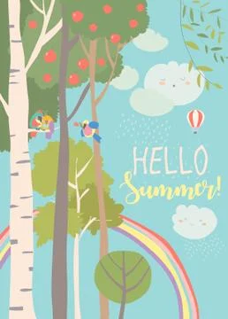 Different trees in summer forest with rainbow Stock Illustration