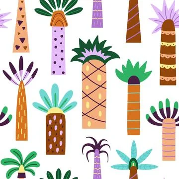 Different trendy palm with leaf. Abstract decorative palms seamless pattern Stock Illustration
