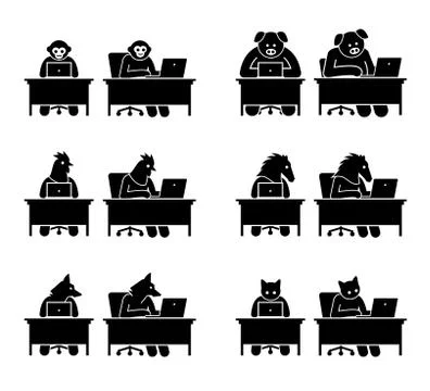 Different type of animals using computer to surf the Internet. Icons depict m Stock Illustration