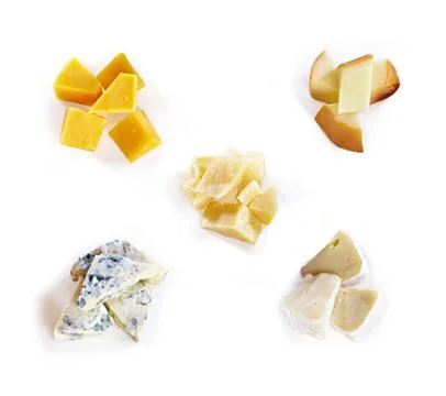 Different type of cheese with honey, grape, nuts on white background. Top view Stock Photos