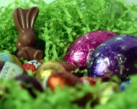 Different type of chocolate eggs and bunnies Stock Photos