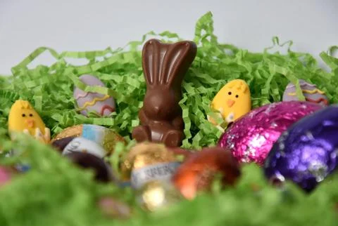 Different type of chocolate eggs and bunnies Stock Photos