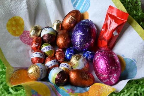 Different type of chocolate eggs and bunnies Stock Photos