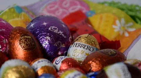 Different type of chocolate eggs and bunnies Stock Photos