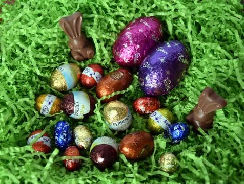 Different type of chocolate eggs and bunnies Stock Photos