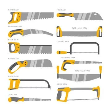 Different type of hand saw tools set collection, Consists of Fine, Pruning,.. Illustrazione stock