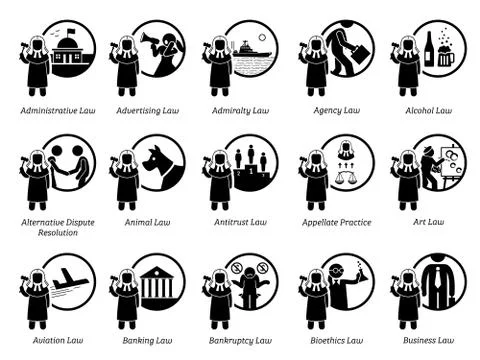Different type of laws. Icons depict field and area of laws, justice, jurisdi Stock Illustration