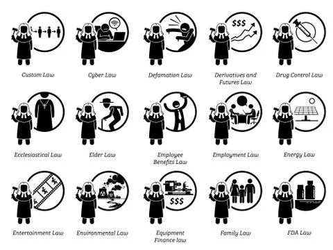 Different type of laws. Icons depict field and area of laws, justice, jurisdi Stock Illustration