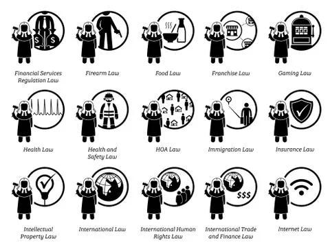 Different type of laws. Icons depict field and area of laws, justice, jurisdi Illustrazione stock