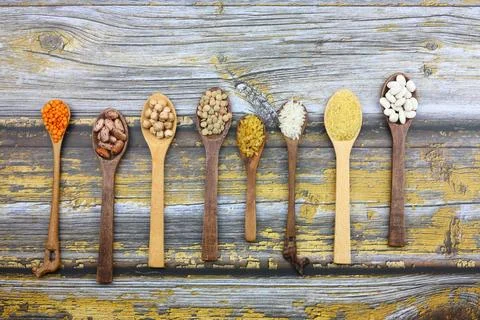 Different type of raw dry legumes composition. lentils, red lentils, chickp.. Stock Photos