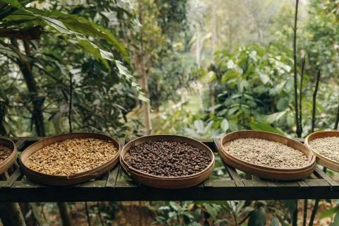 Different type of roasting coffee beans luwak on a coffee plantation in Asia. Stock Photos