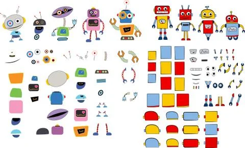 Different type of robots and parts for assebly Stock Illustration