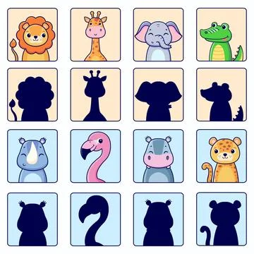 Different types of African animals and their silhouettes. Vector cartoon il.. Illustrazione stock