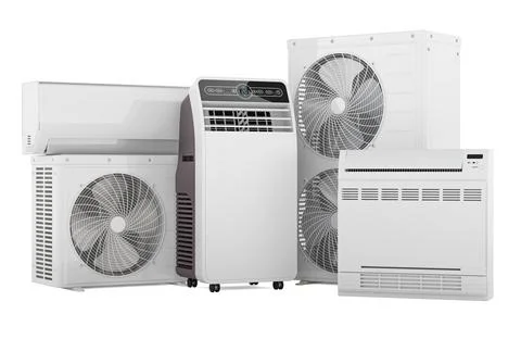 Different types of air conditioners. Wall mounted split unit, portable floo.. Stock Illustration