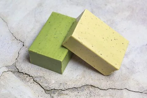 Different types of Aleppo soap olive oil, Bay laurel. Stock Photos