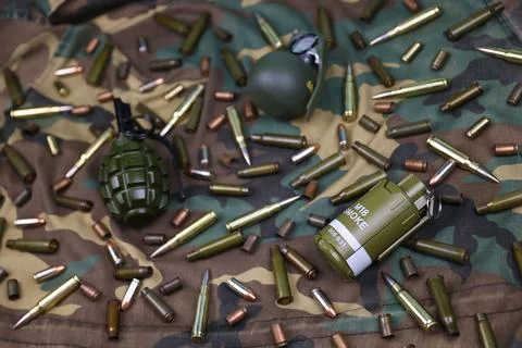 Different types of ammunition on a camouflage background. Preparing for war Stock Photos