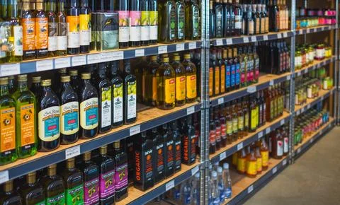Different types and brands of olive oil and other type of cooking oil for s.. Stock Photos