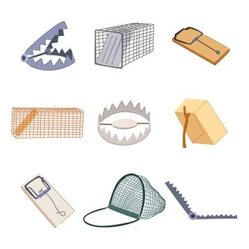 Different types of animal traps and snares collection Stock Illustration